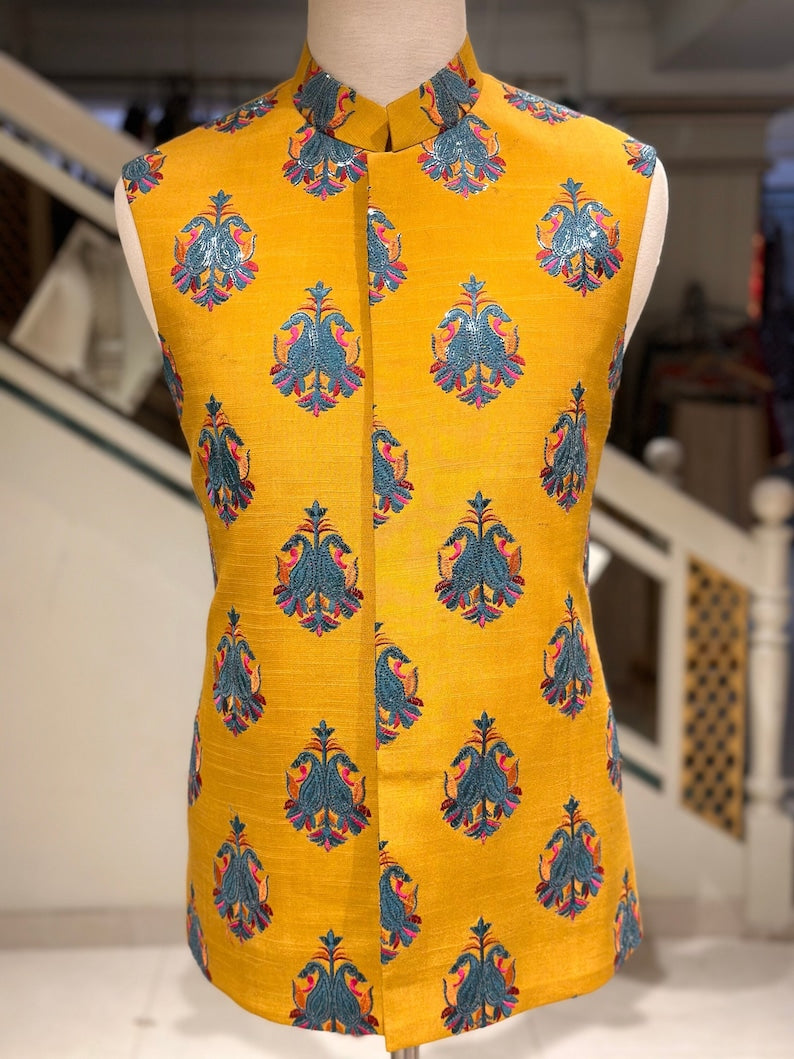 Mustard Mehndi Waistcoat for Men