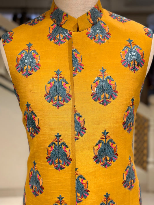Mustard Mehndi Waistcoat for Men