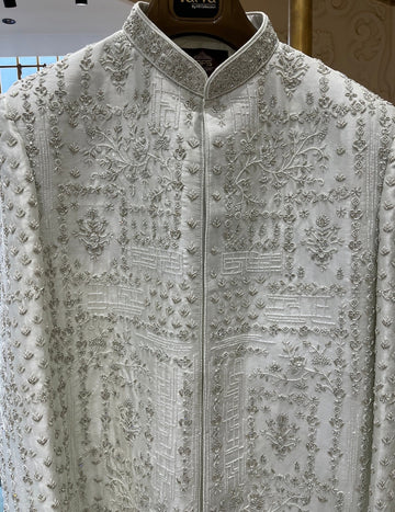 White handwork mirror sherwani