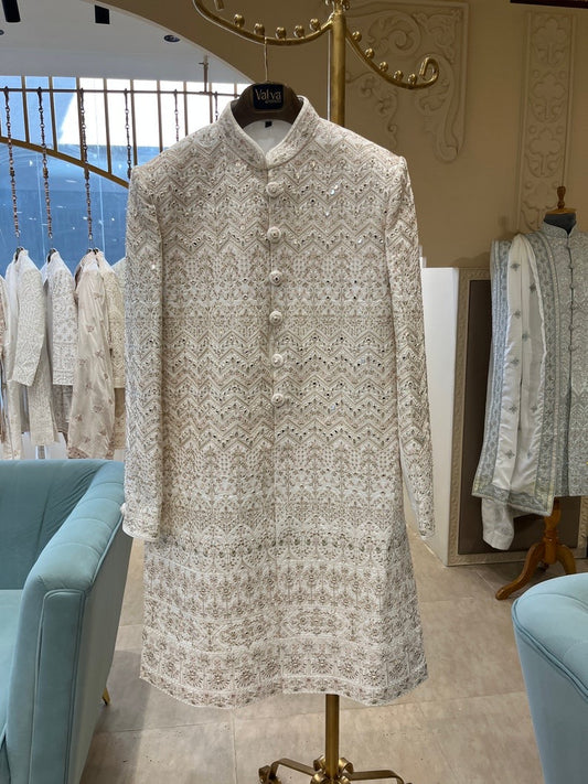 White handwork mirror sherwani