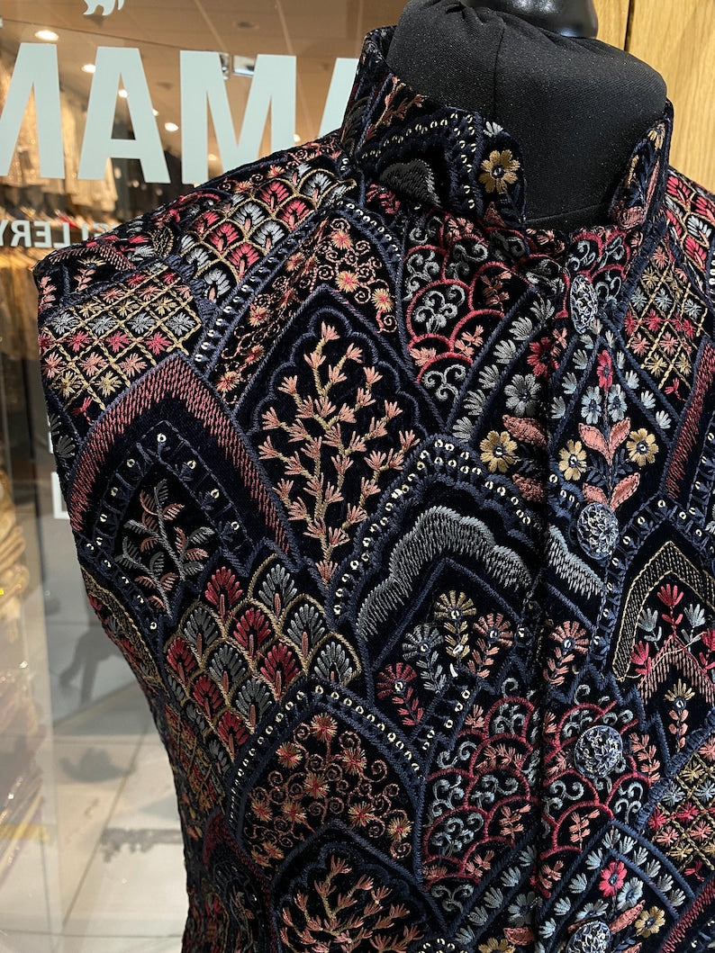 Men's Navy Floral Waistcoat Threadwork Embroidery Nehru Jacket