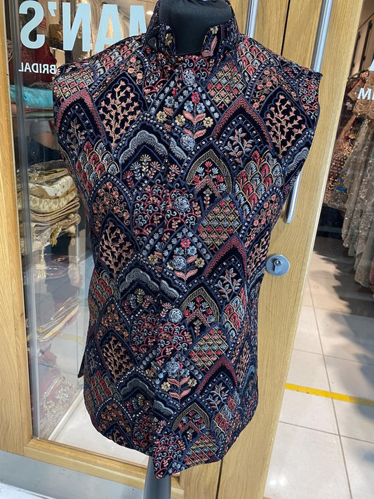 Men's Navy Floral Waistcoat Threadwork Embroidery Nehru Jacket