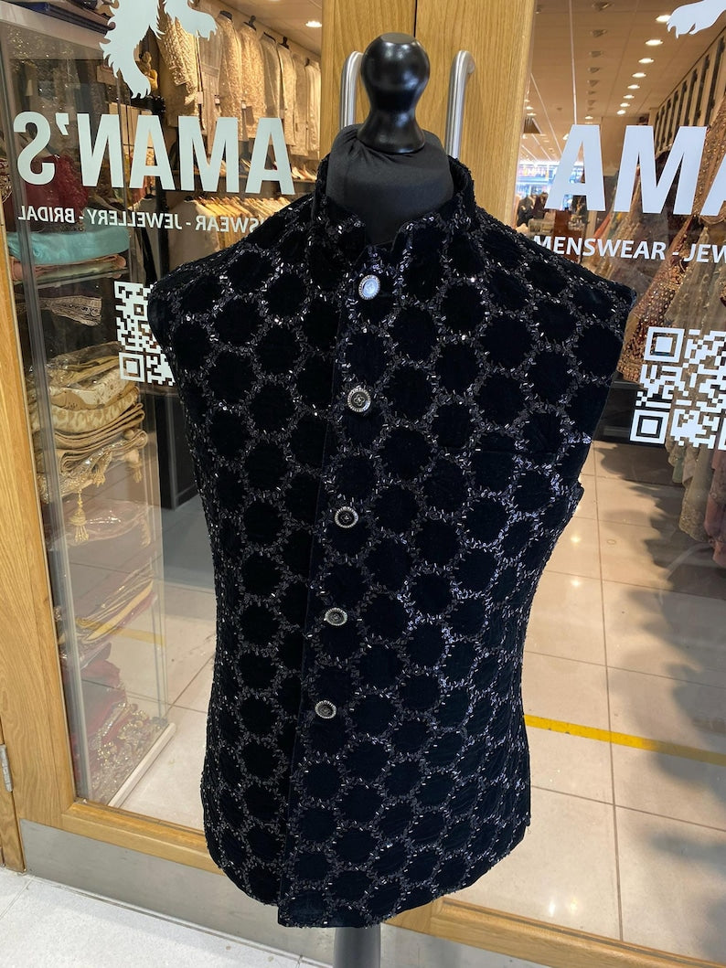 Men's Black Velvet Hand Embroidered Waistcoat