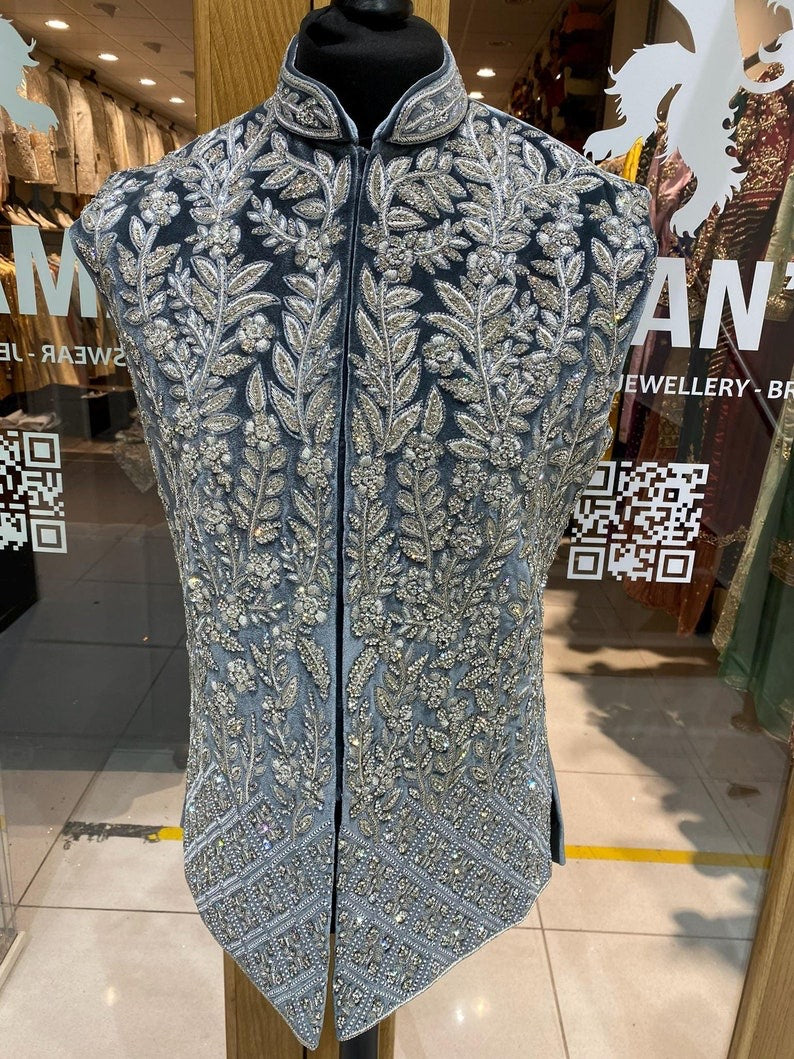 Men's Grey Heavy Hand Embroidery Nehru Jacket