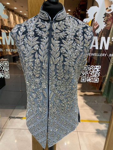 Men's Grey Heavy Hand Embroidery Nehru Jacket
