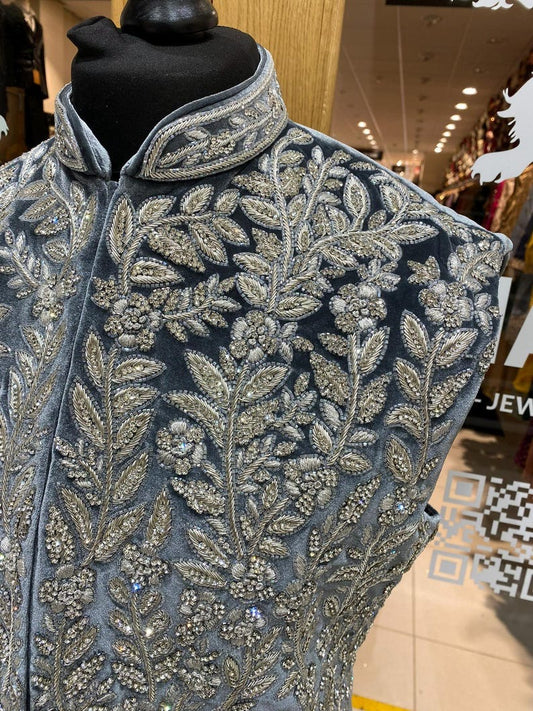 Men's Grey Heavy Hand Embroidery Nehru Jacket