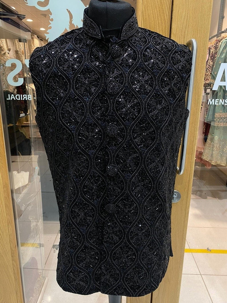 Men's Black Hand Embroidery & French Knot Threadwork Waistcoat Nehru Jacket