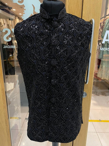 Men's Black Hand Embroidery & French Knot Threadwork Waistcoat Nehru Jacket