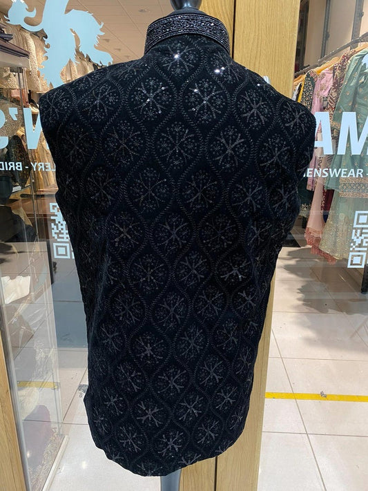 Men's Black Hand Embroidery & French Knot Threadwork Waistcoat Nehru Jacket