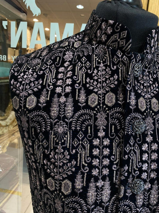 Men's Dark Navy Waistcoat Threadwork Embroidery Nehru Jacket