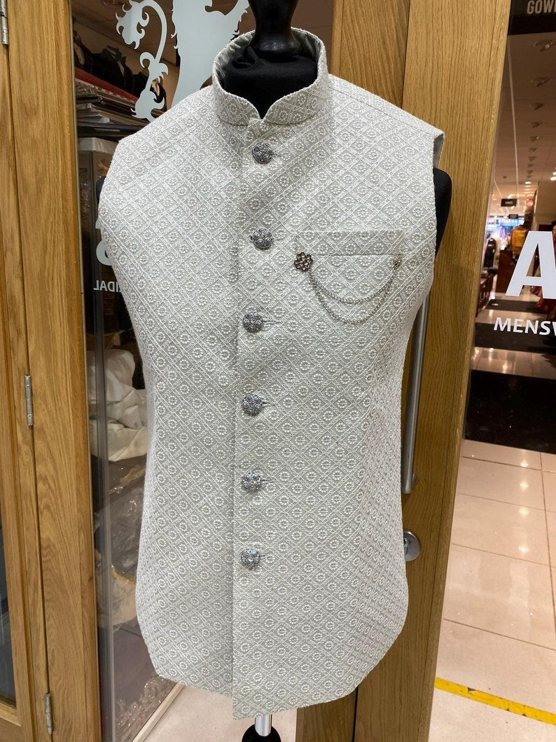 Men's Mint & White Thread-work Embroidery Waistcoat Nehru Jacket