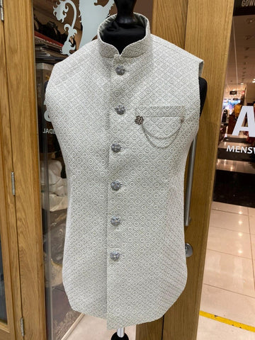 Men's Mint & White Thread-work Embroidery Waistcoat Nehru Jacket