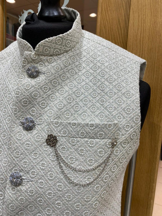 Men's Mint & White Thread-work Embroidery Waistcoat Nehru Jacket