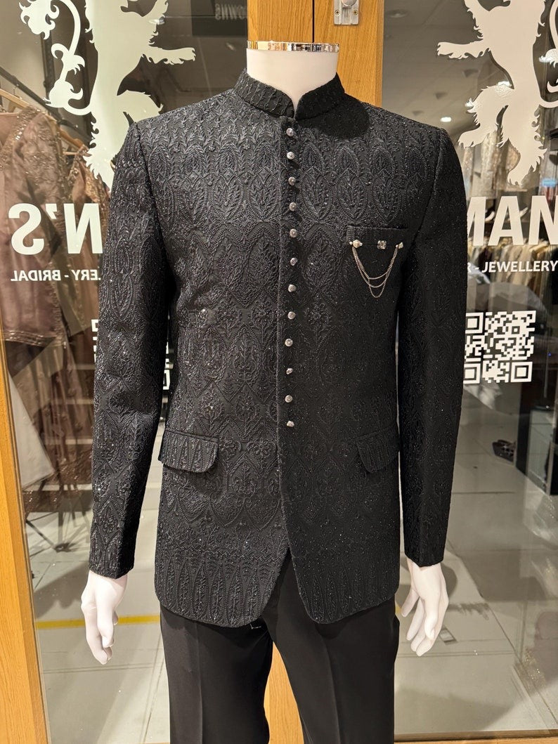 Men's Black Threadwork & Hand Embroidery Prince Jodhpuri Suit Sherwani Jacket
