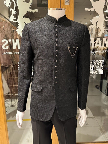 Men's Black Threadwork & Hand Embroidery Prince Jodhpuri Suit Sherwani Jacket