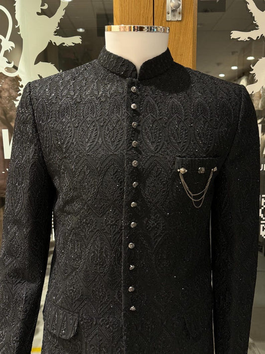 Men's Black Threadwork & Hand Embroidery Prince Jodhpuri Suit Sherwani Jacket