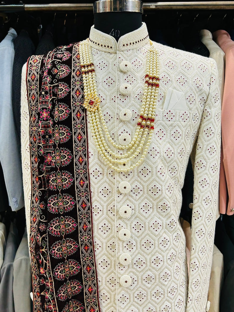 White coloured silk wedding sherwani