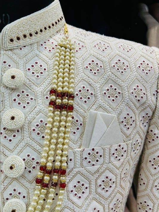 White coloured silk wedding sherwani