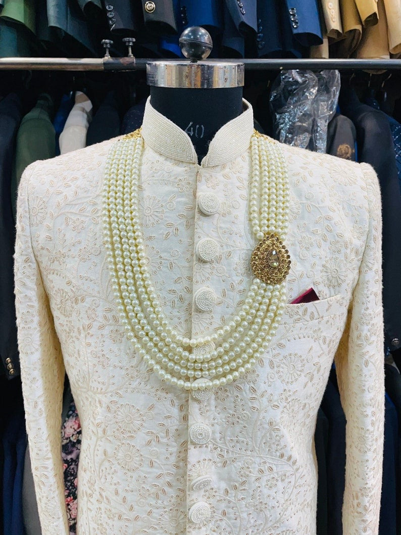 Ivory Coloured Embroidered Silk Wedding Sherwani