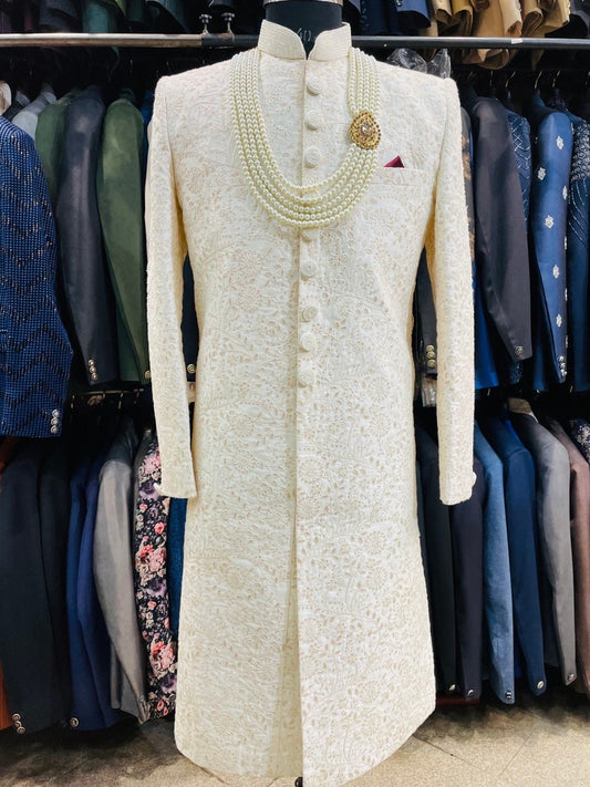 Ivory Coloured Embroidered Silk Wedding Sherwani