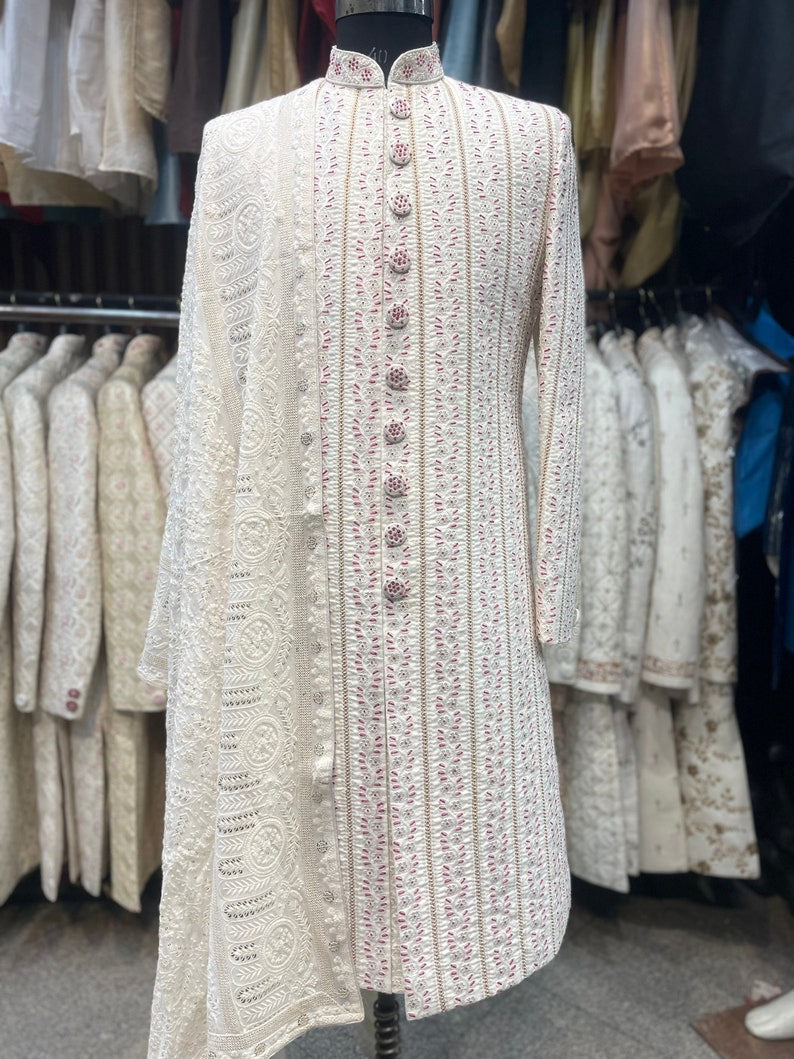 Ivory Magenta Thread Work Embroidered Groom Sherwani