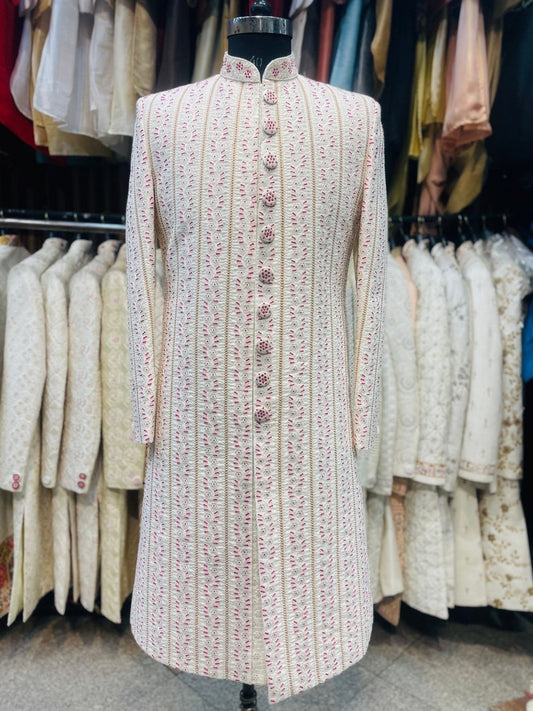 Ivory Magenta Thread Work Embroidered Groom Sherwani