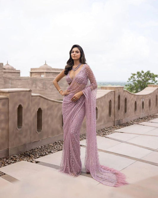 Beautiful Pink Net Saree with Thread And Sequins Work Blouse Party Wear