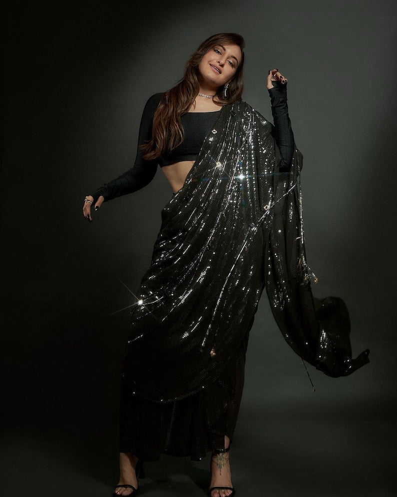 Black Georgette Sequins Work Saree