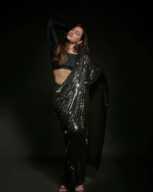 Black Georgette Sequins Work Saree