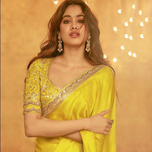 Yellow Moss Chiffon Sequins Lace Border Saree