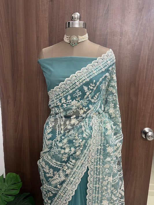 Beautiful Turquoise Blue Net Saree with Threads
