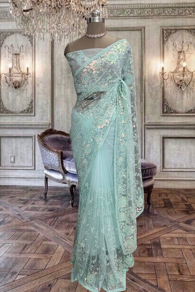 Beautiful Pastel Blue Net Saree