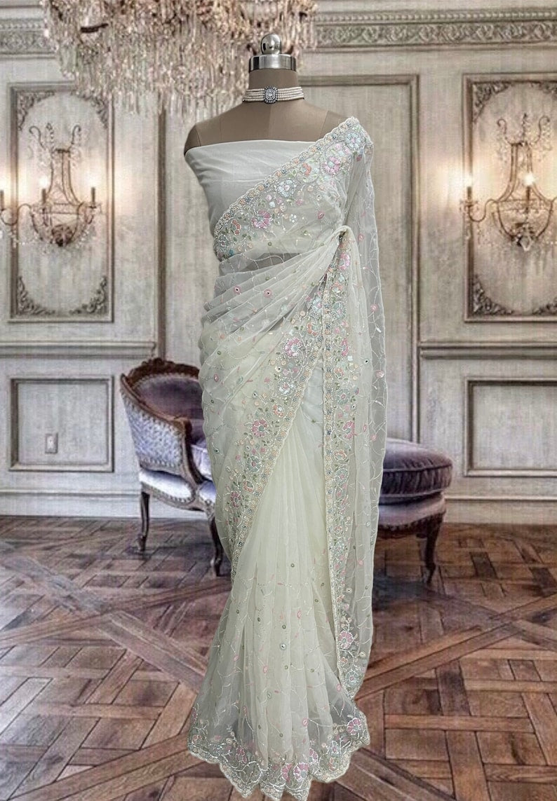 Beautiful Cream White Colour Soft Organza Saree