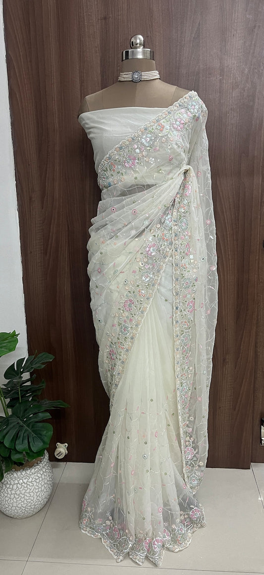 Beautiful Cream White Colour Soft Organza Saree