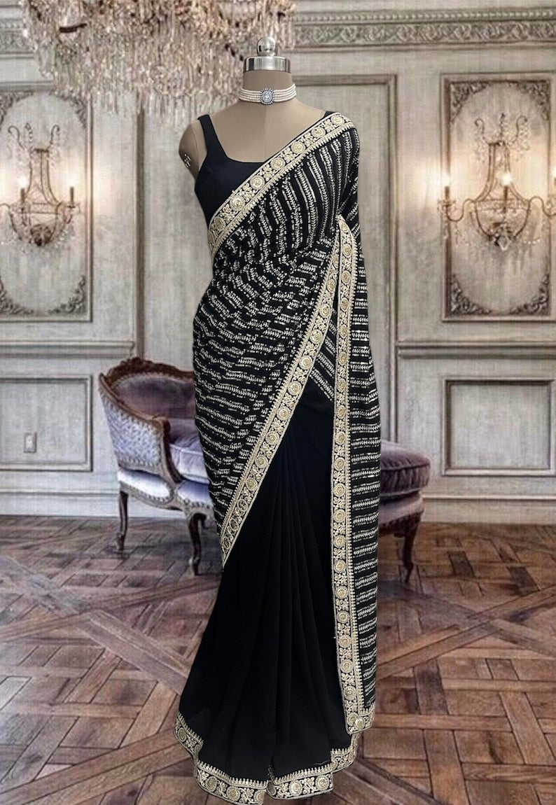 Beautiful Raven Black Georgette Saree