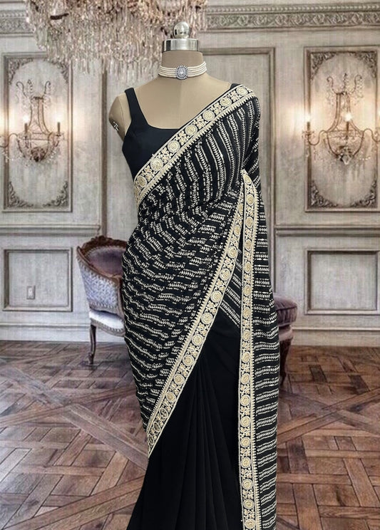 Beautiful Raven Black Georgette Saree