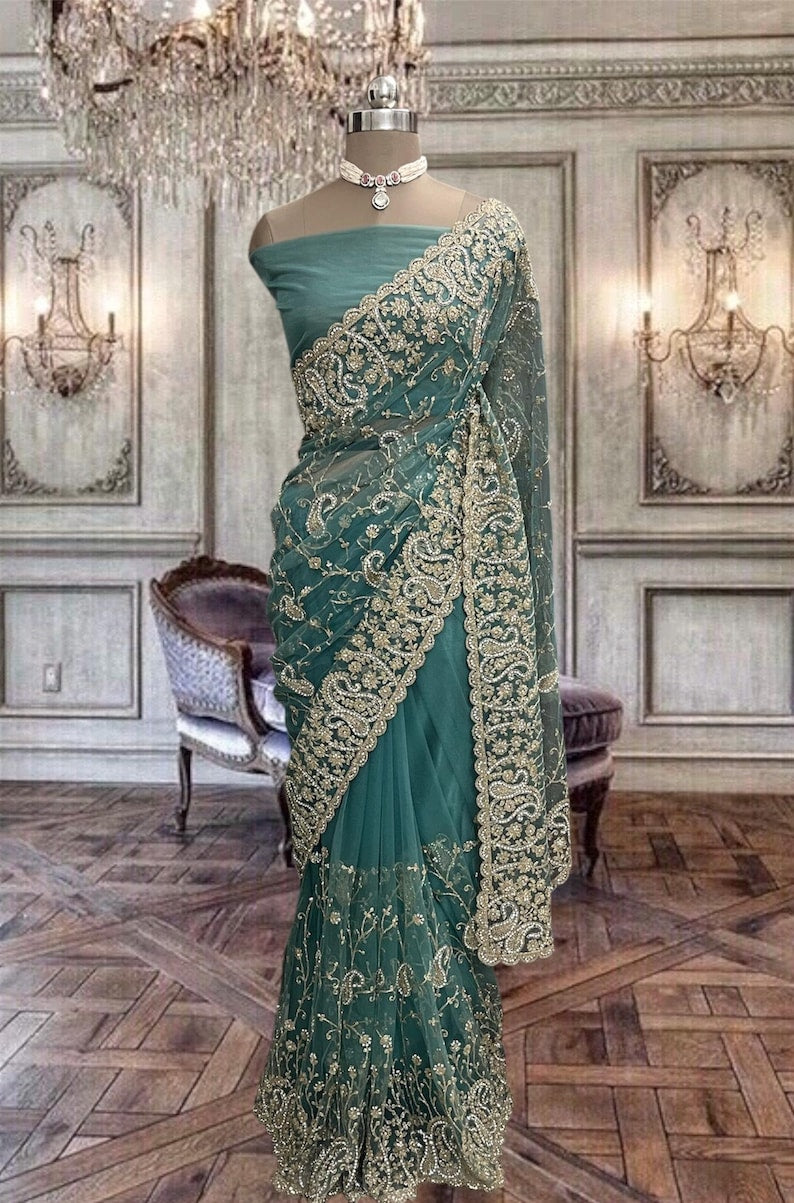 Beautiful Turquoise Blue Net Saree