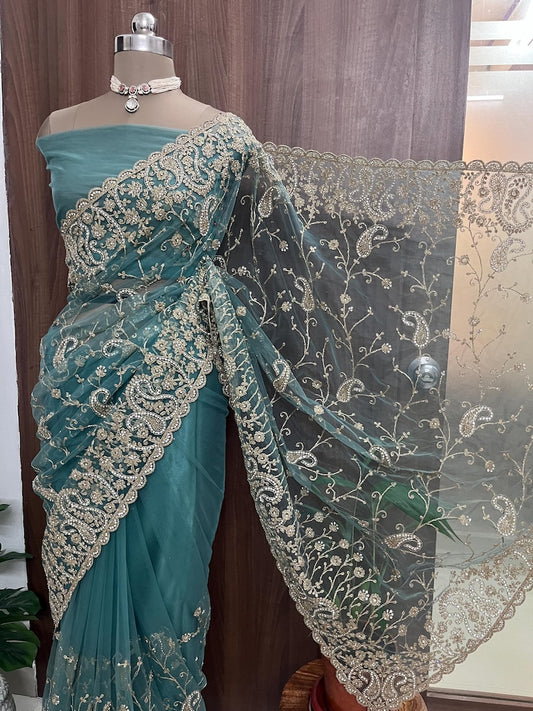 Beautiful Turquoise Blue Net Saree