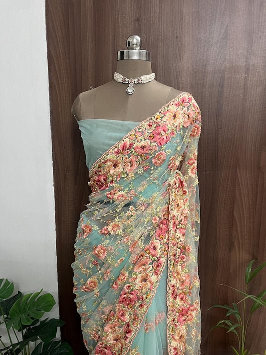 Beautiful Cyan Blue Colour Net Saree with Multi Colour Floral Embroidery