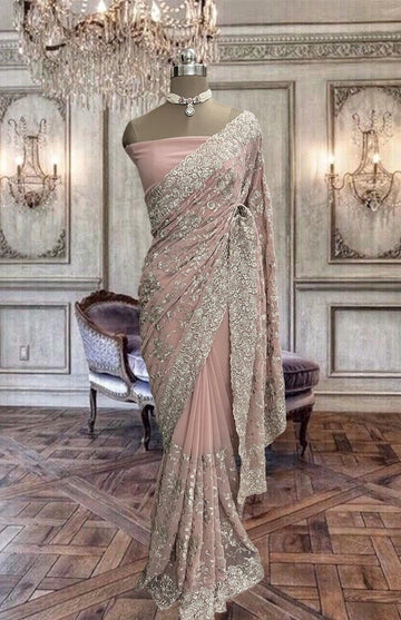 Beautiful Peach Pink Net Saree