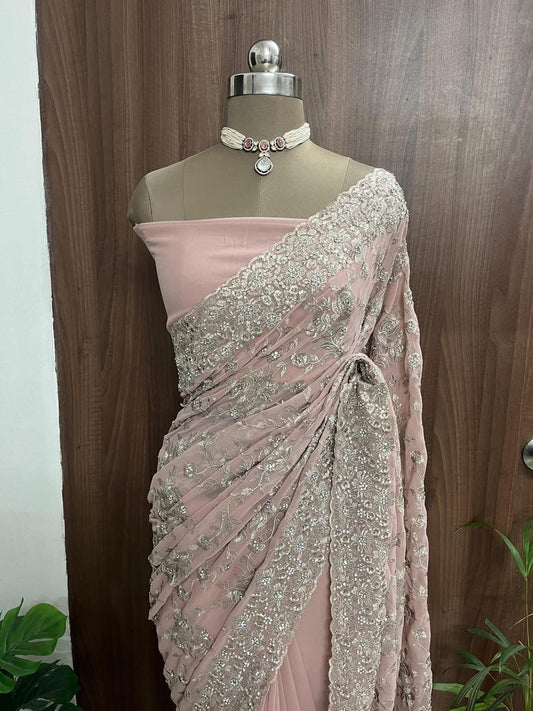 Beautiful Peach Pink Net Saree