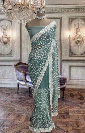 Beautiful Turquoise Blue Net Saree with Thread