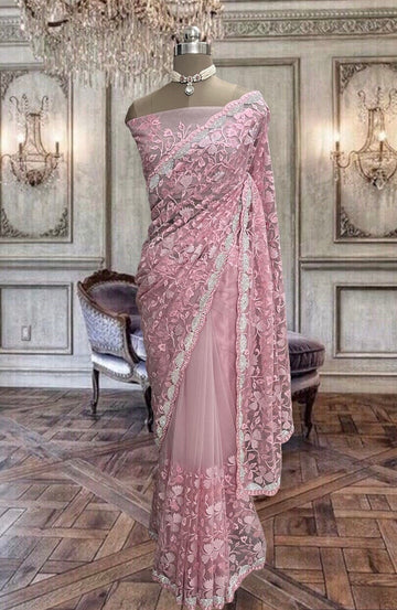 Beautiful Peach Pink Net Saree With Coloured Threads