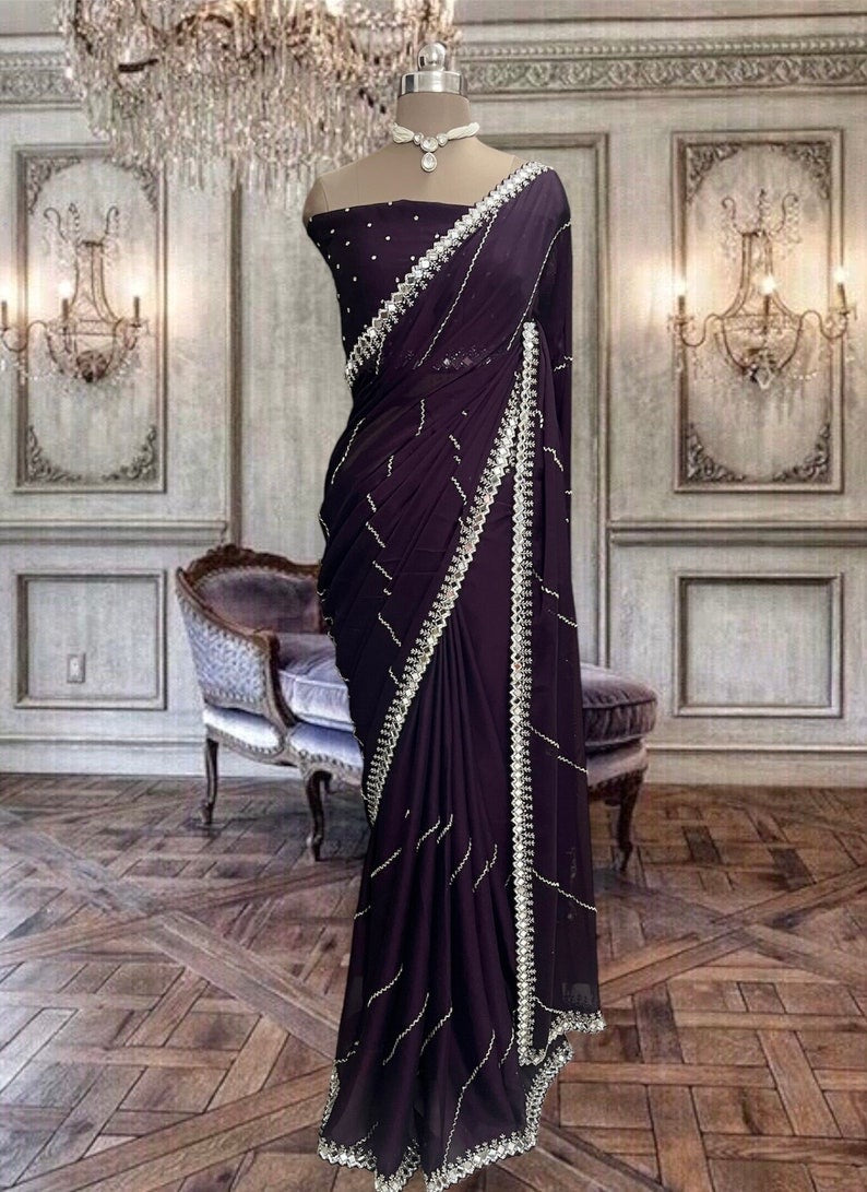 Beautiful Deep Purple Satin Georgette Saree