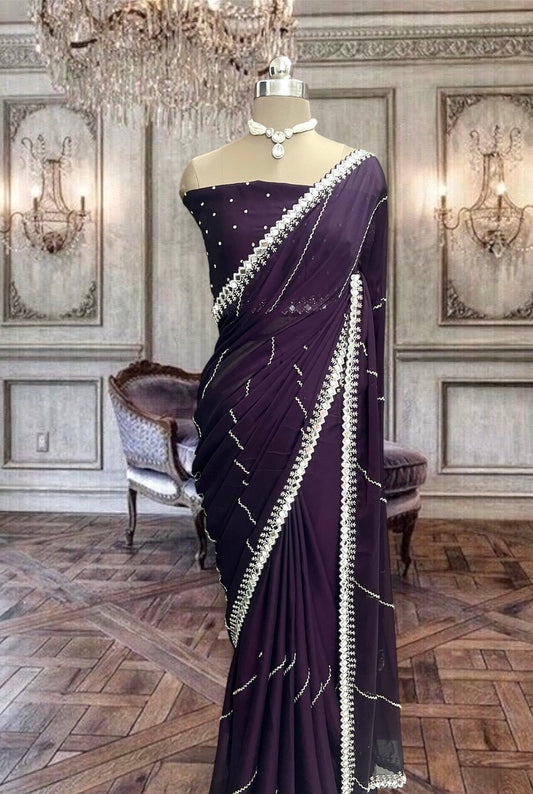 Beautiful Deep Purple Satin Georgette Saree