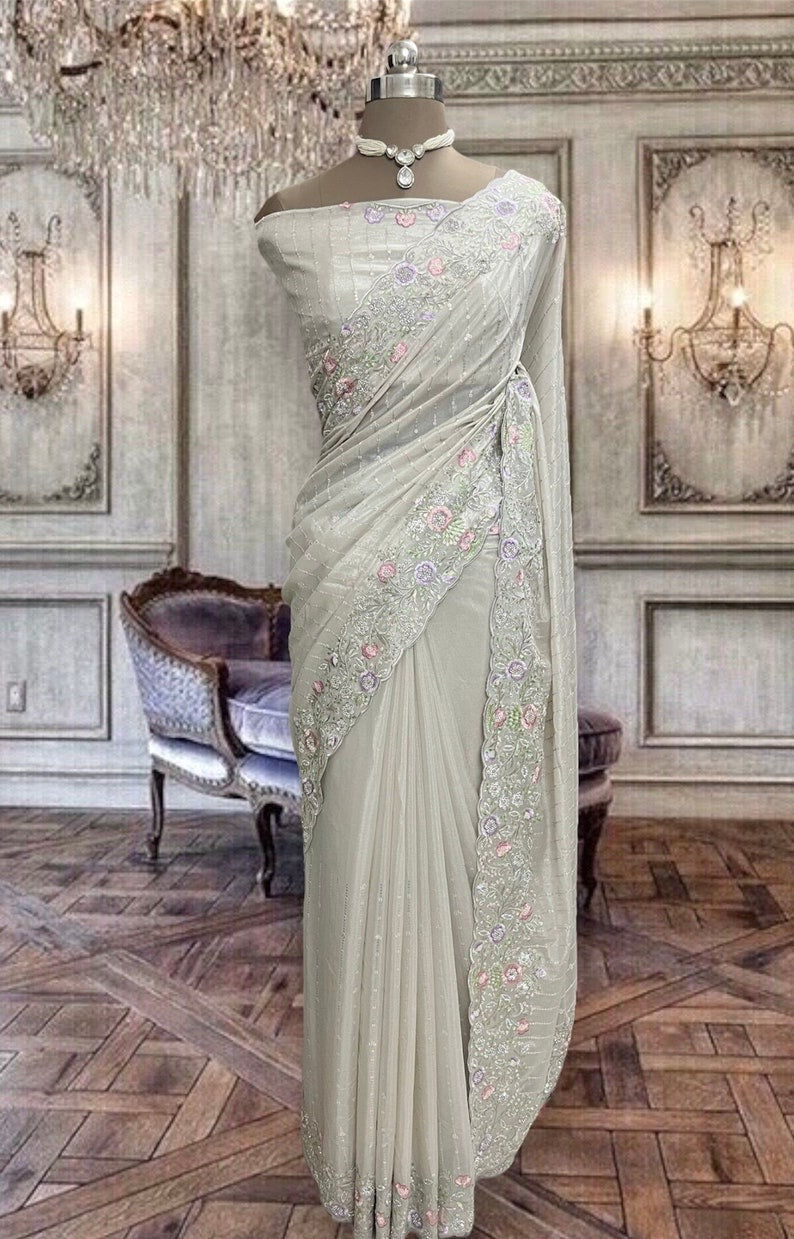 Beautiful Cream White Soft Organza Saree with Bead