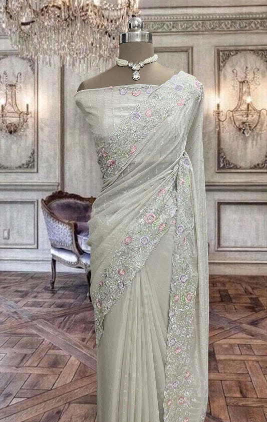 Beautiful Cream White Soft Organza Saree with Bead