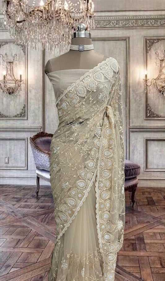 Beautiful beige net saree with thread and stone work