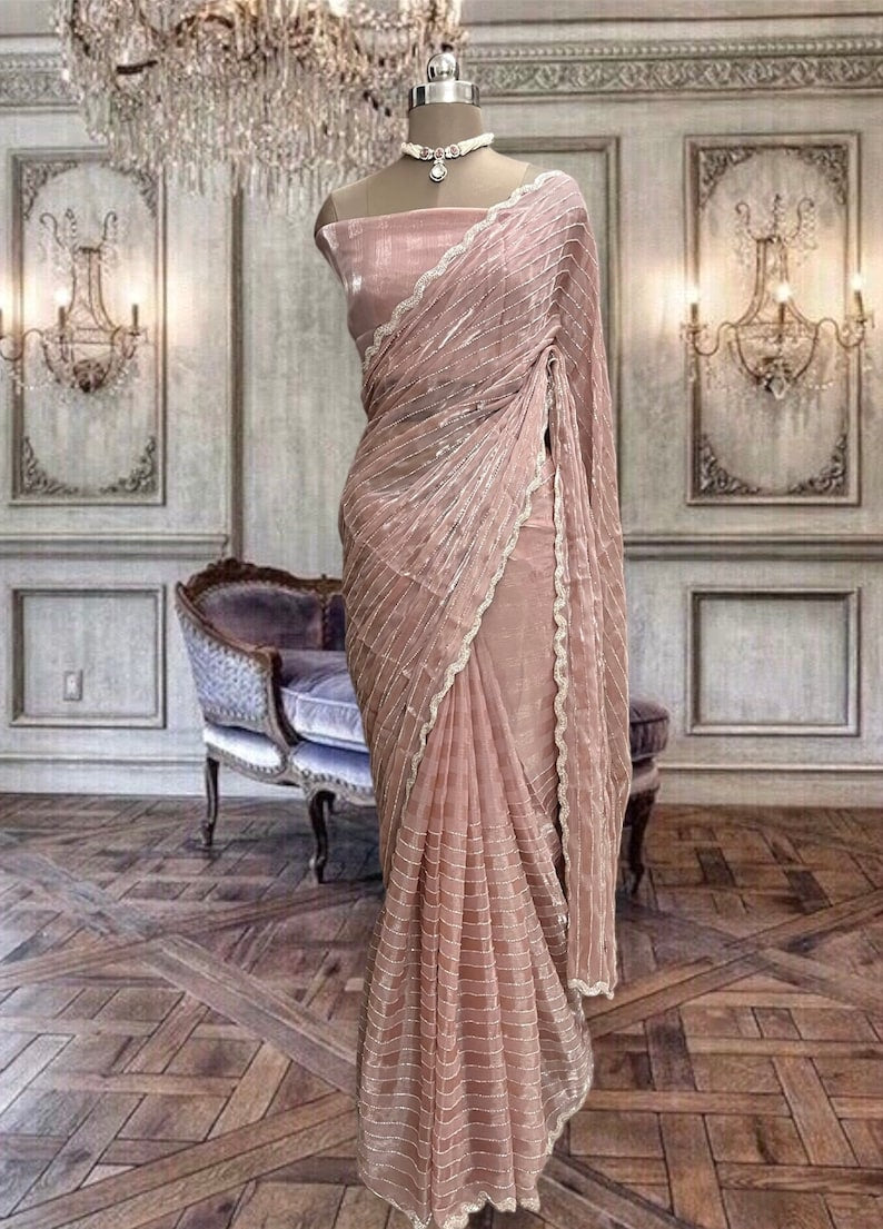 Beautiful Nude Peach Organza Saree with Pipe Embroidery