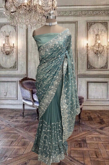 Beautiful Shiny Dull Blue Net Saree with Glitter Work
